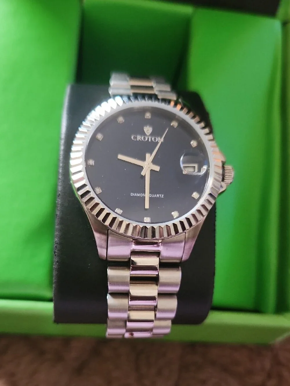 Croton Silver-Tone Bracelet Watch with NAVY Dial and DIAMOND ACCENTS